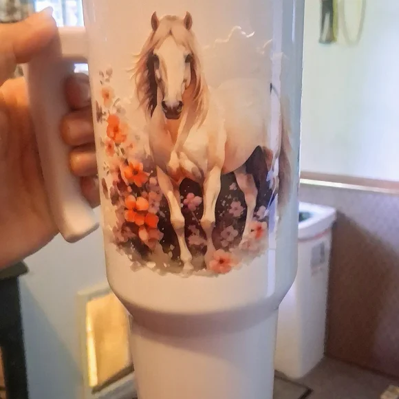 White Tumbler with Horse and Floral Design - Picture 1 of 1